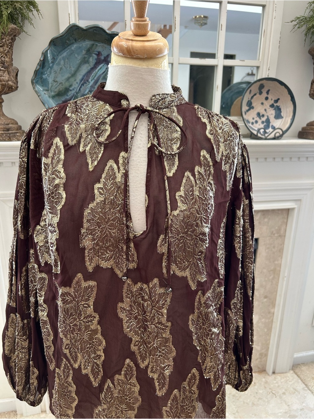 Zara Chocolate Brown Blouse with Gold Metallic Leaf Motif - Picture 2 of 9